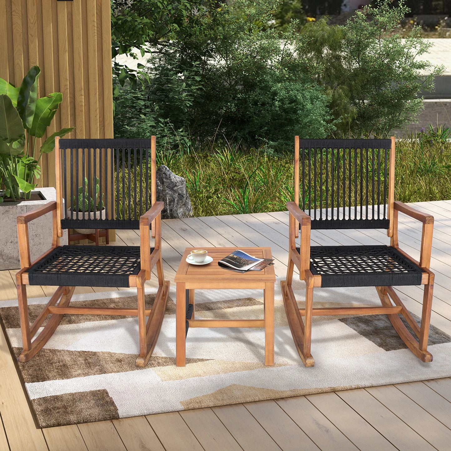 Outdoor Acacia Wood Patio Bistro Set With Rocking Chairs