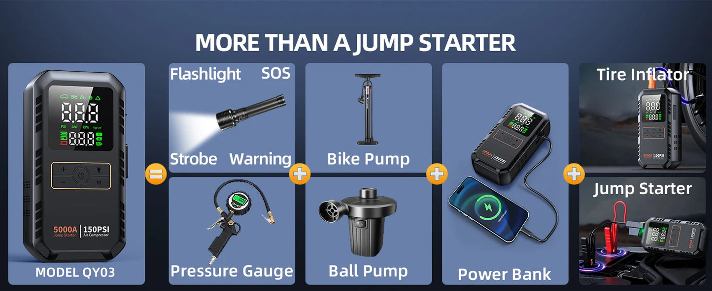 Four In One Car Jump Starter Air Compressor Peak 5000A