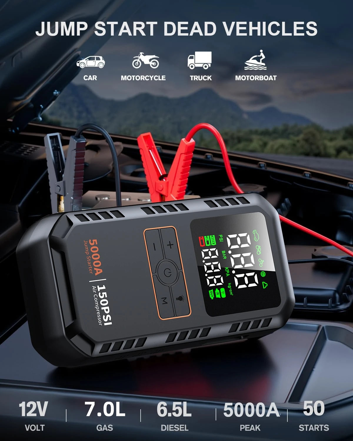 Four In One Car Jump Starter Air Compressor Peak 5000A