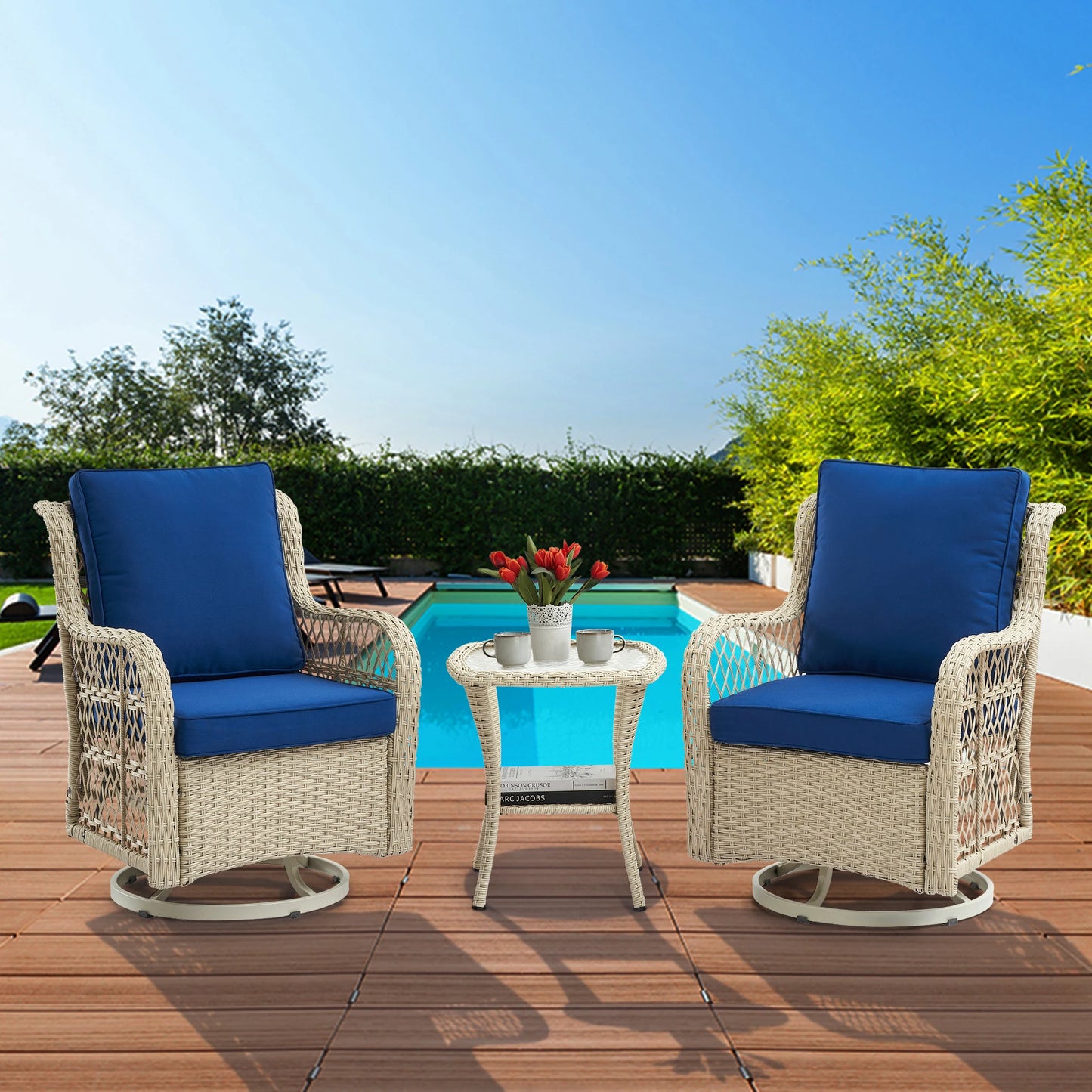 Outdoor Wicker Swivel Chair Set 3 Pieces For Garden Patio