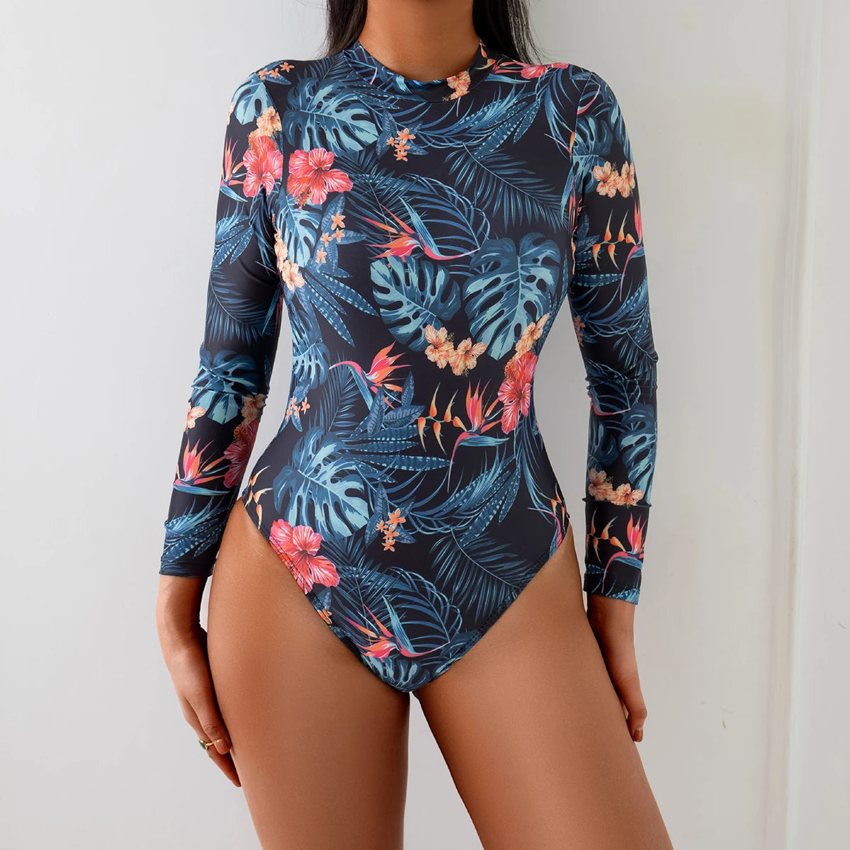 Women's Long Sleeve High Collar Backless One Piece Swimsuit