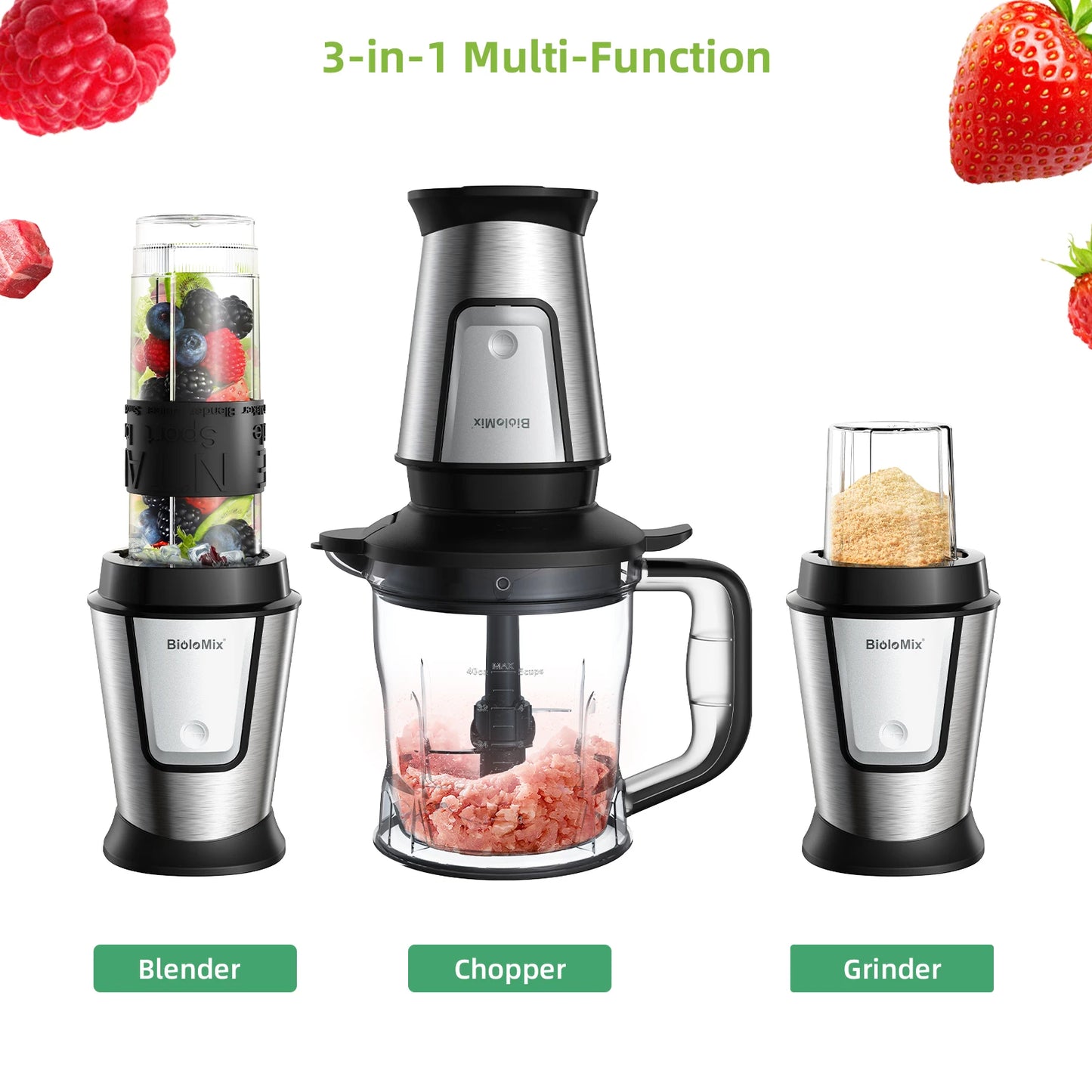BioloMix 700W 3 in 1 Portable Food Processor Juicer Blender