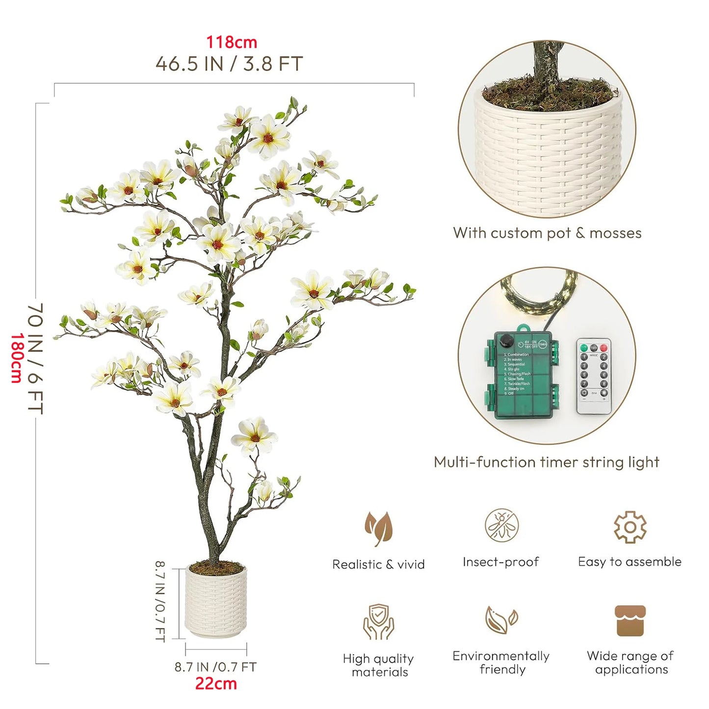 Artificial Magnolia Plant With LED Lights Faux Flower Tree Decor