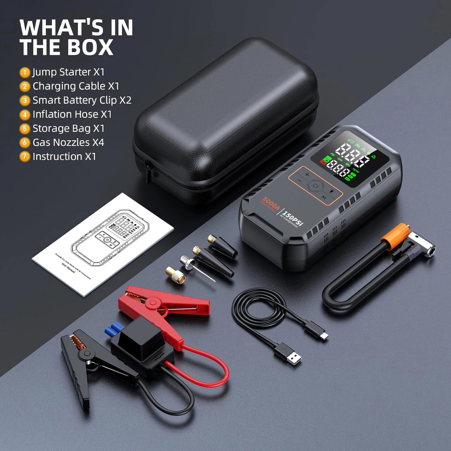 Four In One Car Jump Starter Air Compressor Peak 5000A