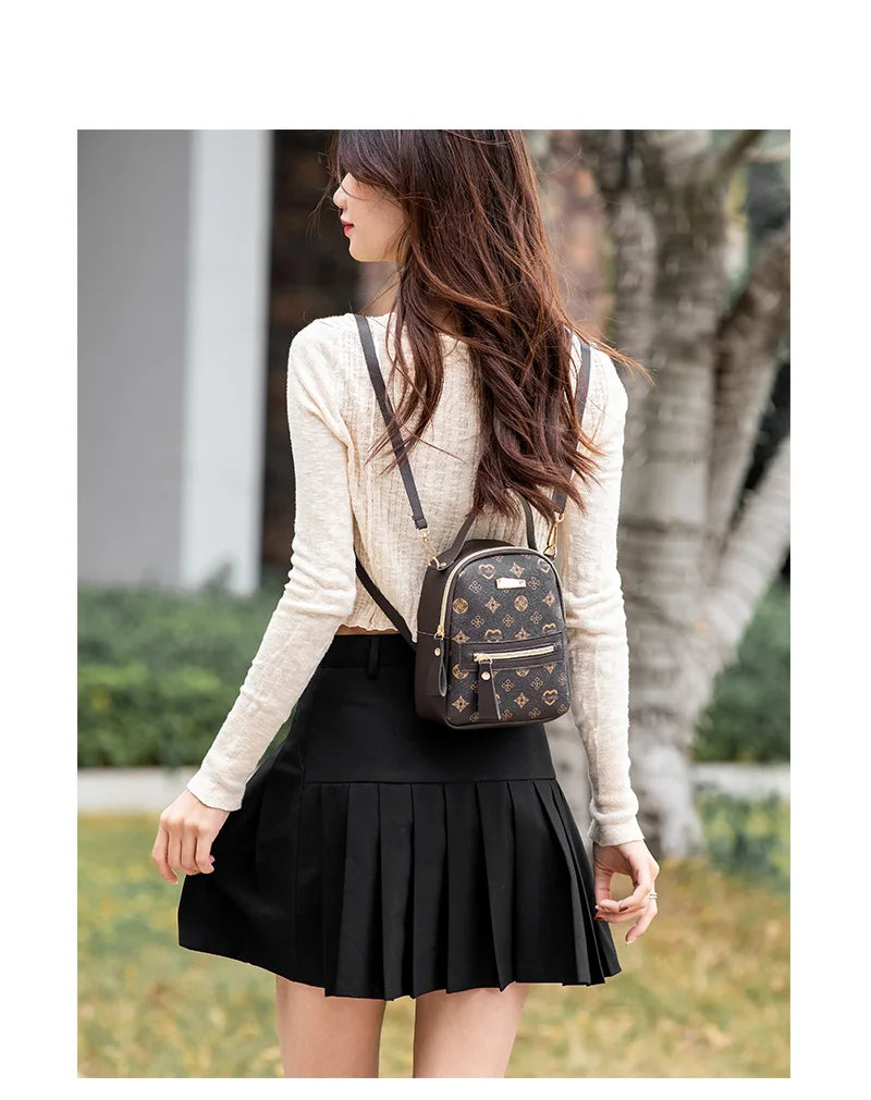 Flower Print Backpack For Women Fashion PU Material School Bag