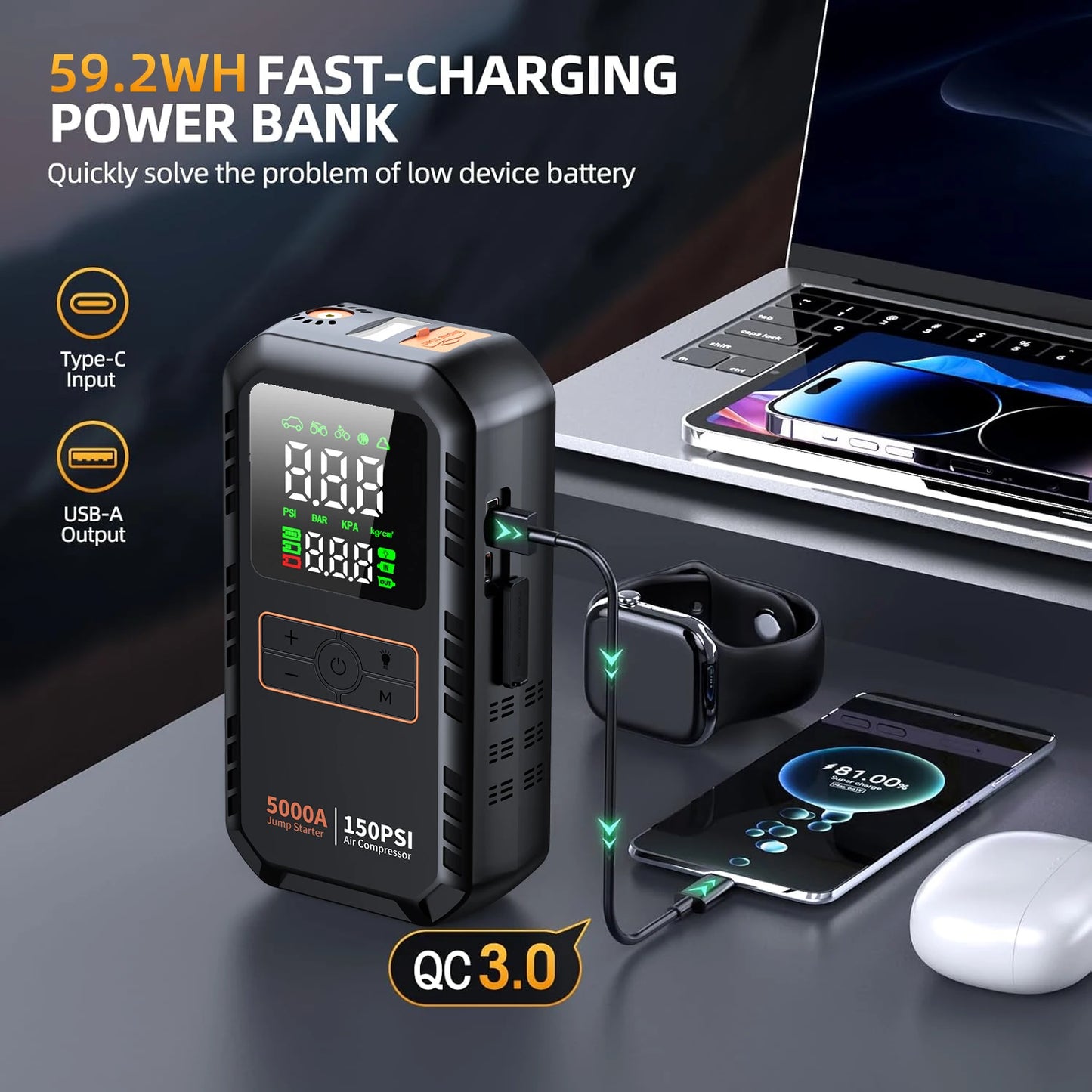 Four In One Car Jump Starter Air Compressor Peak 5000A