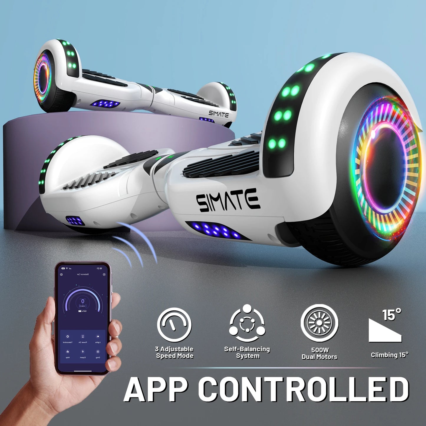 SIMATE All Terrain Hoverboard Bluetooth LED Lights With App Control