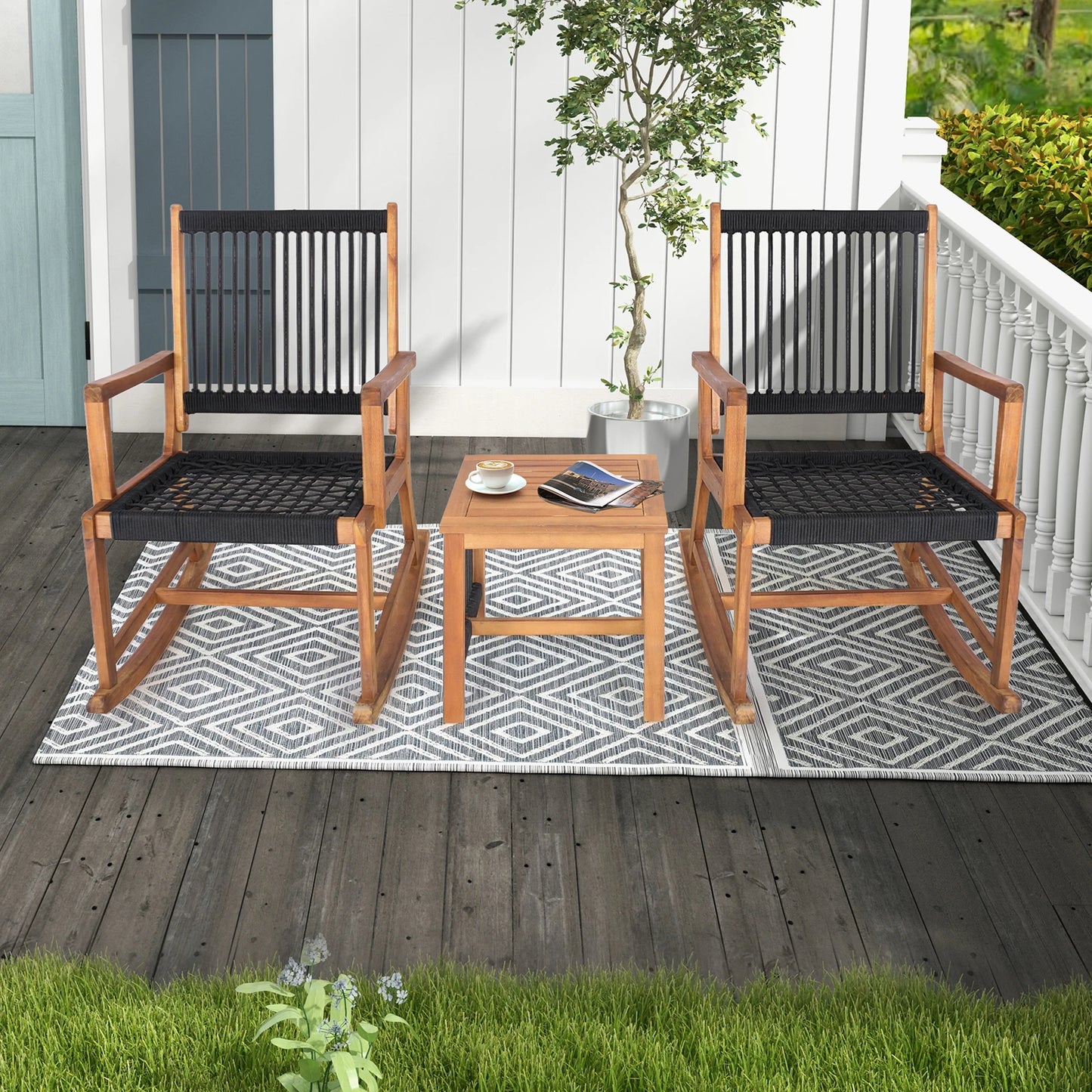 Outdoor Acacia Wood Patio Bistro Set With Rocking Chairs