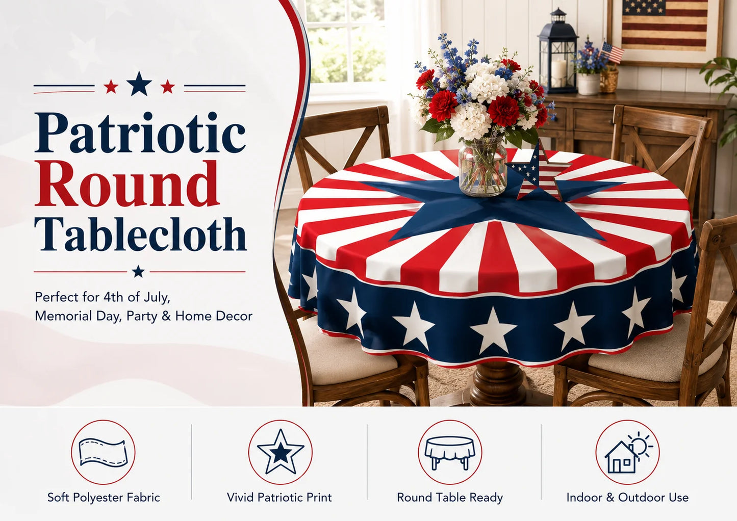 Patriotic Round Tablecloth for Indoor Outdoor Dining