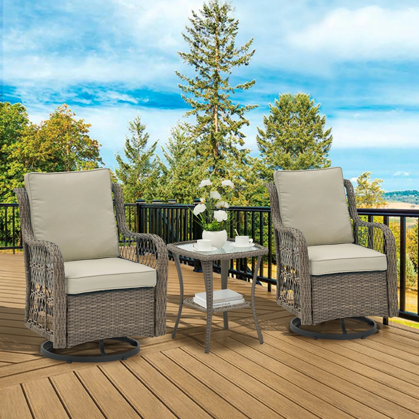 Outdoor Wicker Swivel Chair Set 3 Pieces For Garden Patio