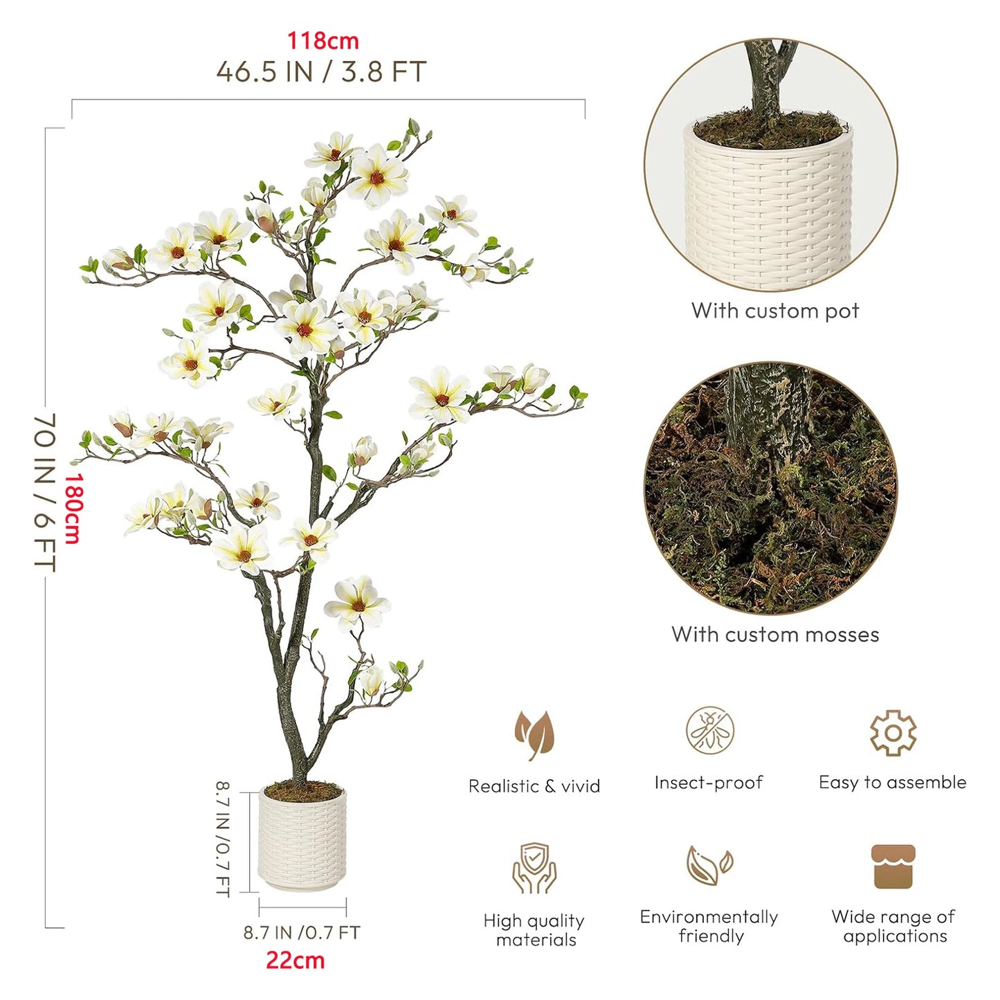 Artificial Magnolia Plant With LED Lights Faux Flower Tree Decor