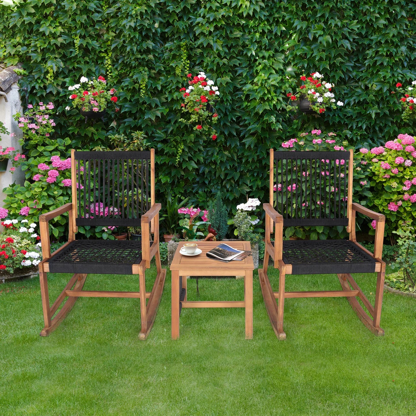 Outdoor Acacia Wood Patio Bistro Set With Rocking Chairs
