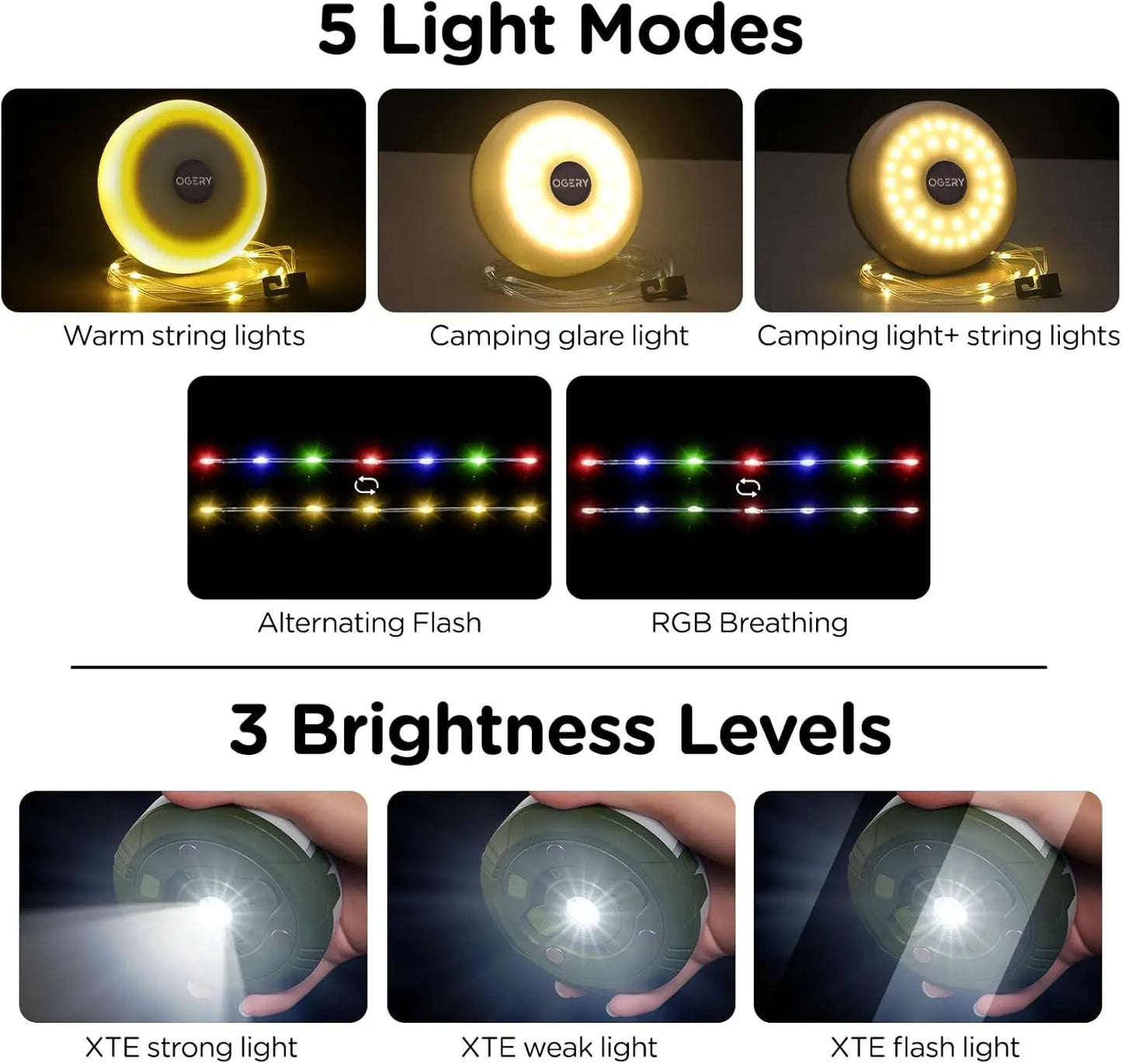 Camping String Lights 32.8ft Rechargeable Tent LED With Dimmable Modes