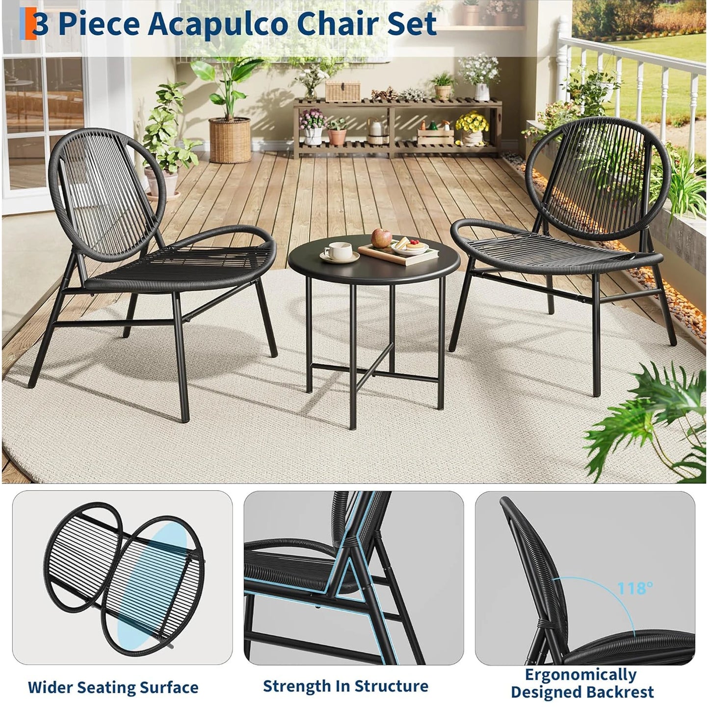 Patio Metal Bistro Set With Table And Chairs Weather Resistant