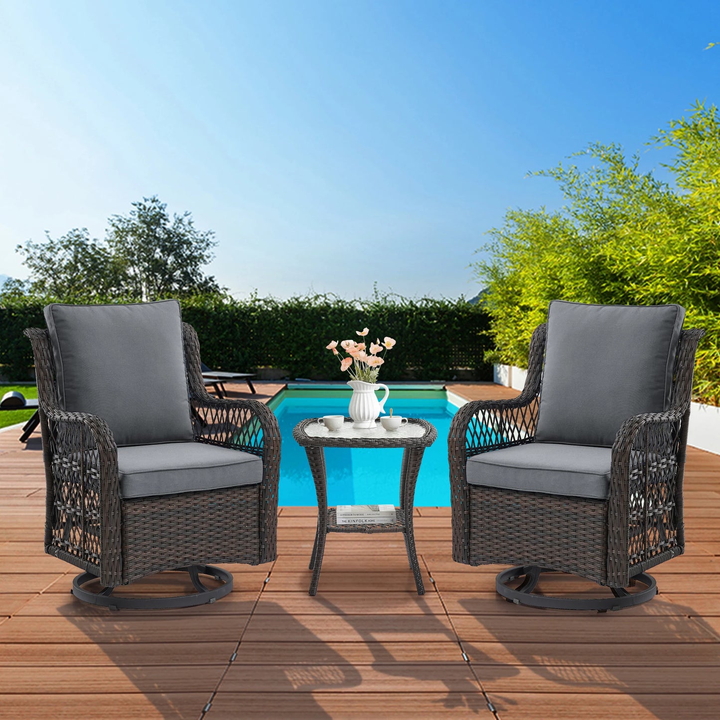 Outdoor Wicker Swivel Chair Set 3 Pieces For Garden Patio