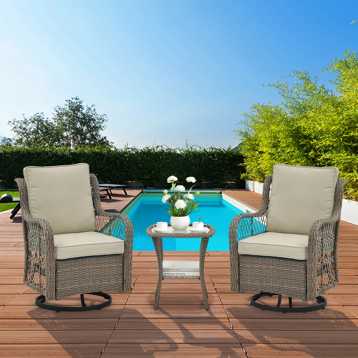 Outdoor Wicker Swivel Chair Set 3 Pieces For Garden Patio