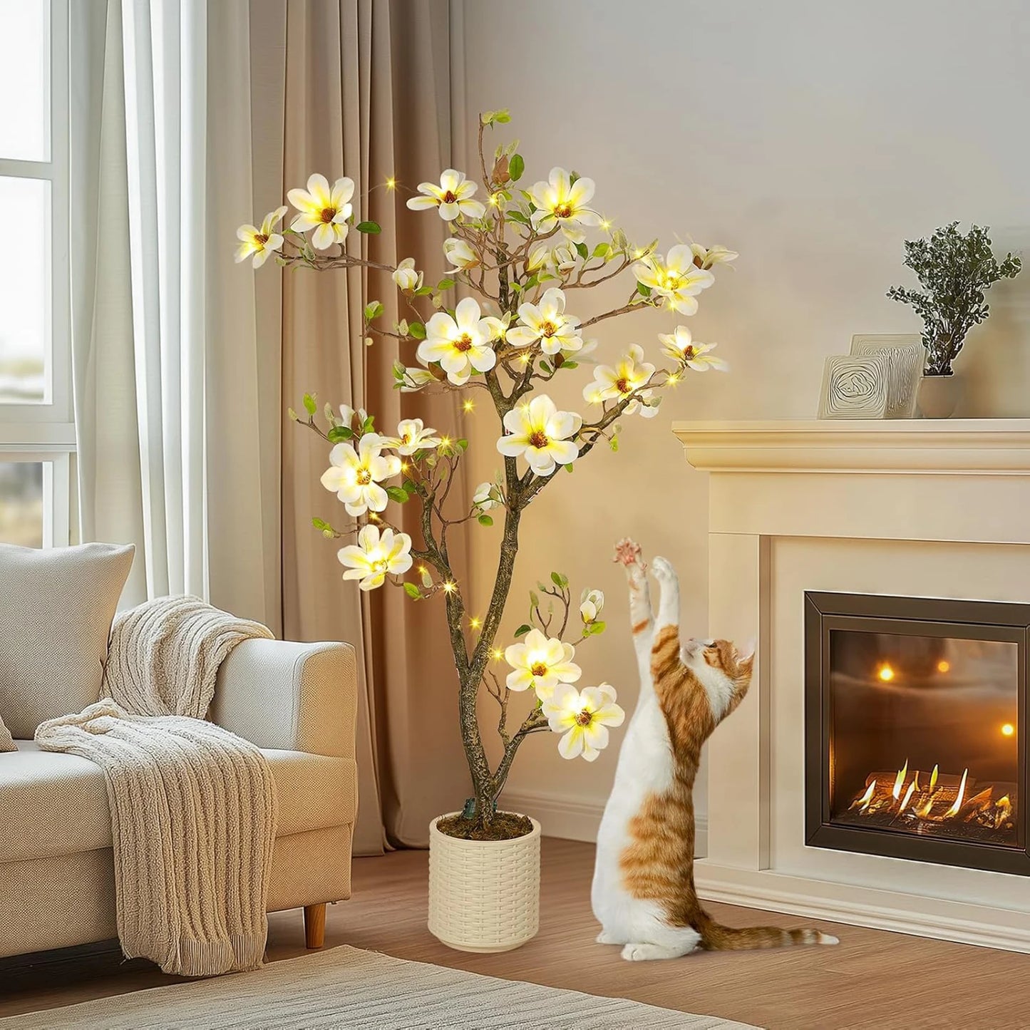 Artificial Magnolia Plant With LED Lights Faux Flower Tree Decor