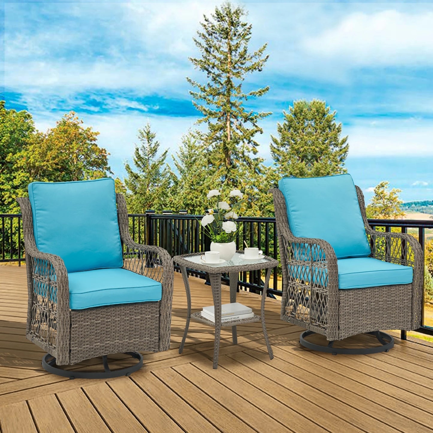 Outdoor Wicker Swivel Chair Set 3 Pieces For Garden Patio