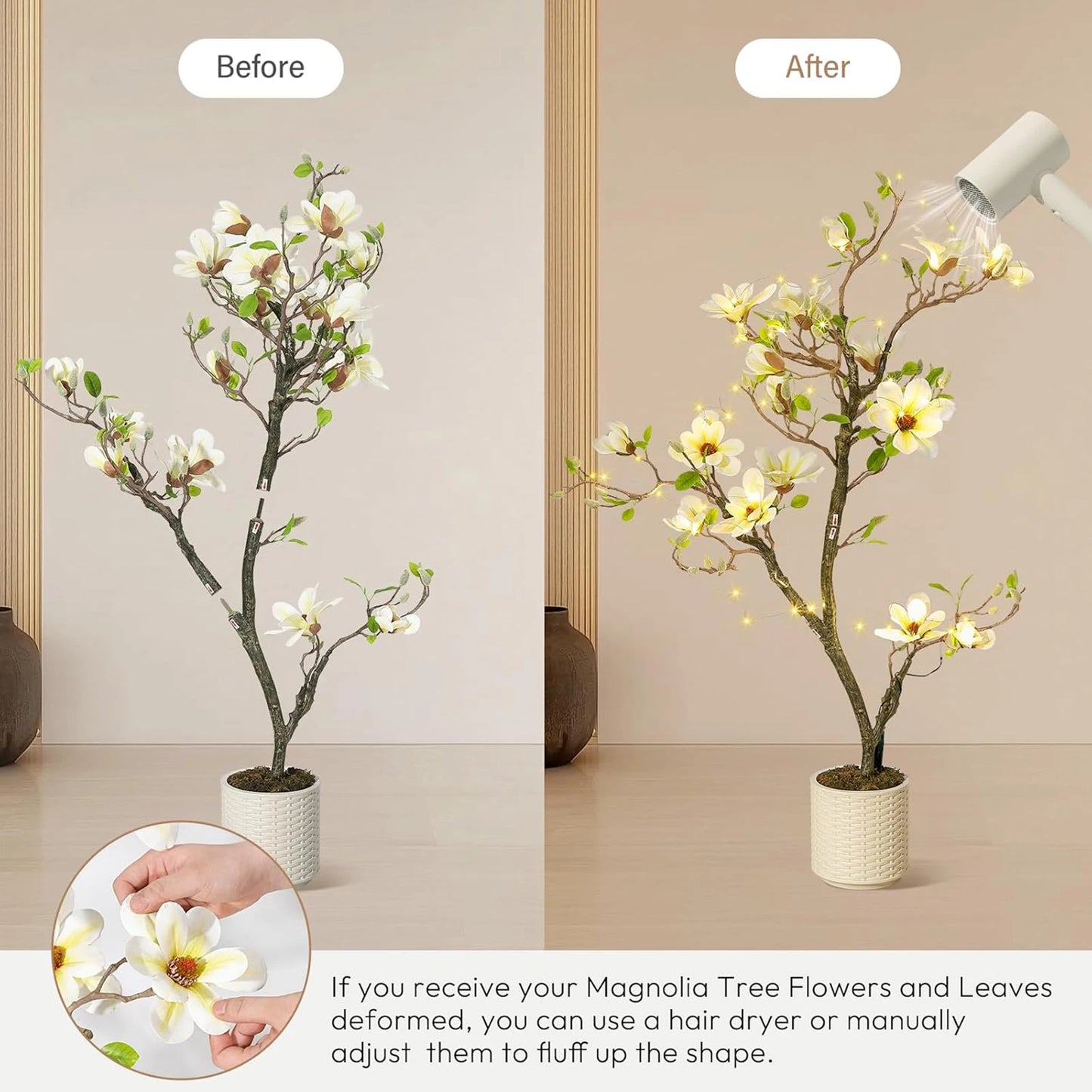 Artificial Magnolia Plant With LED Lights Faux Flower Tree Decor