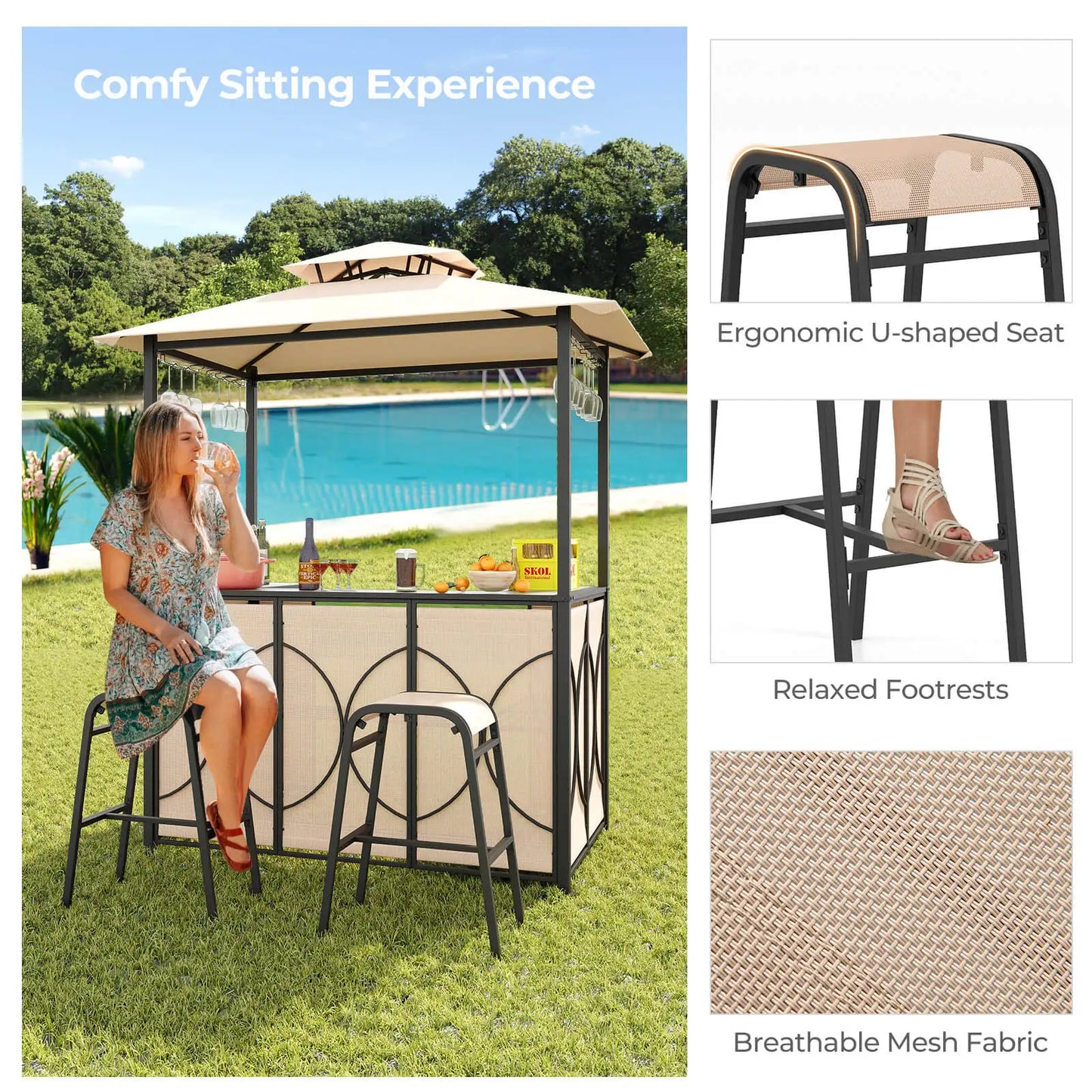 3-Piece Patio Bar Set With Tempered Glass Outdoor Furniture