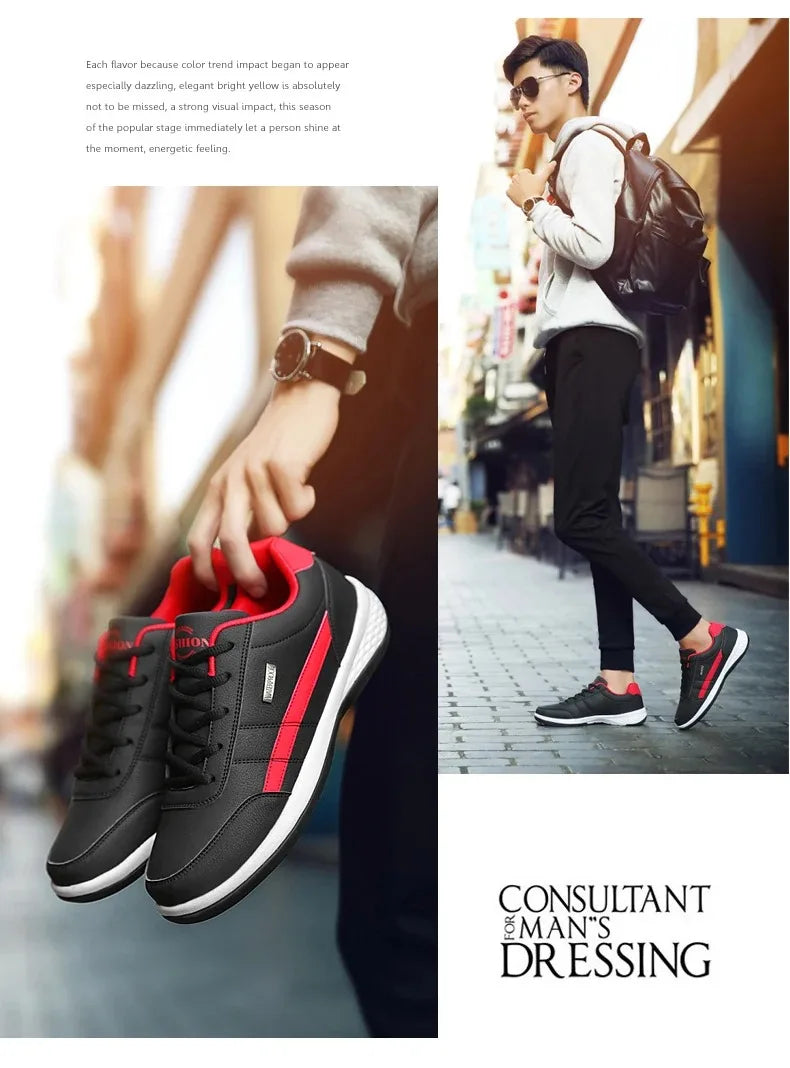Men PU Leather Sneakers Trend Casual Breathable Shoes