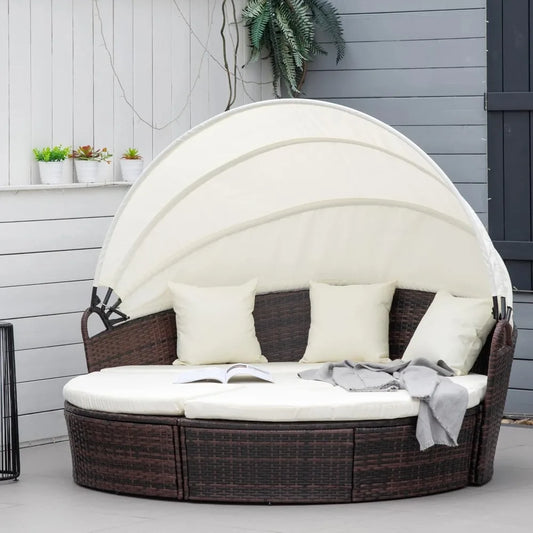 Round Convertible Daybed With Cushions Outdoor PE Rattan 4-Piece