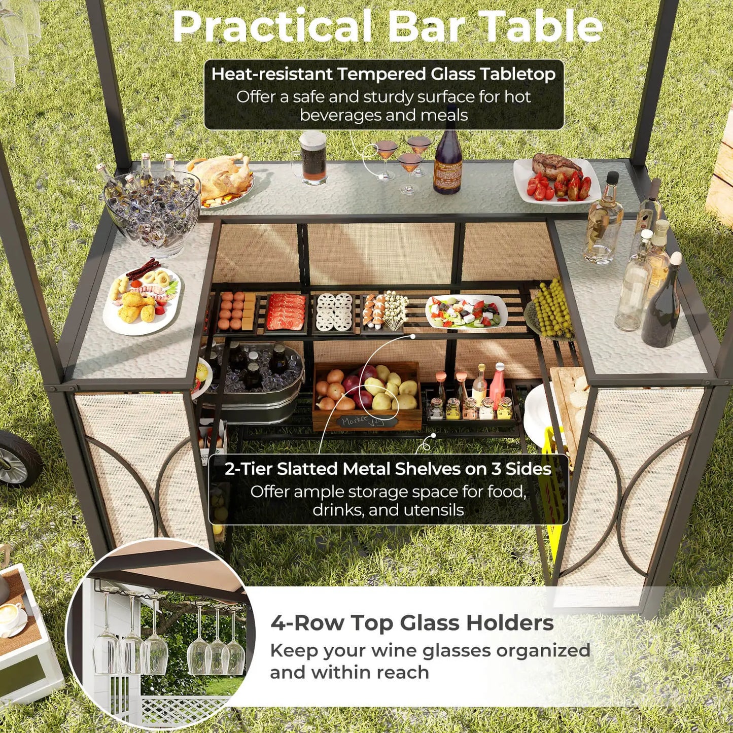 3-Piece Patio Bar Set With Tempered Glass Outdoor Furniture