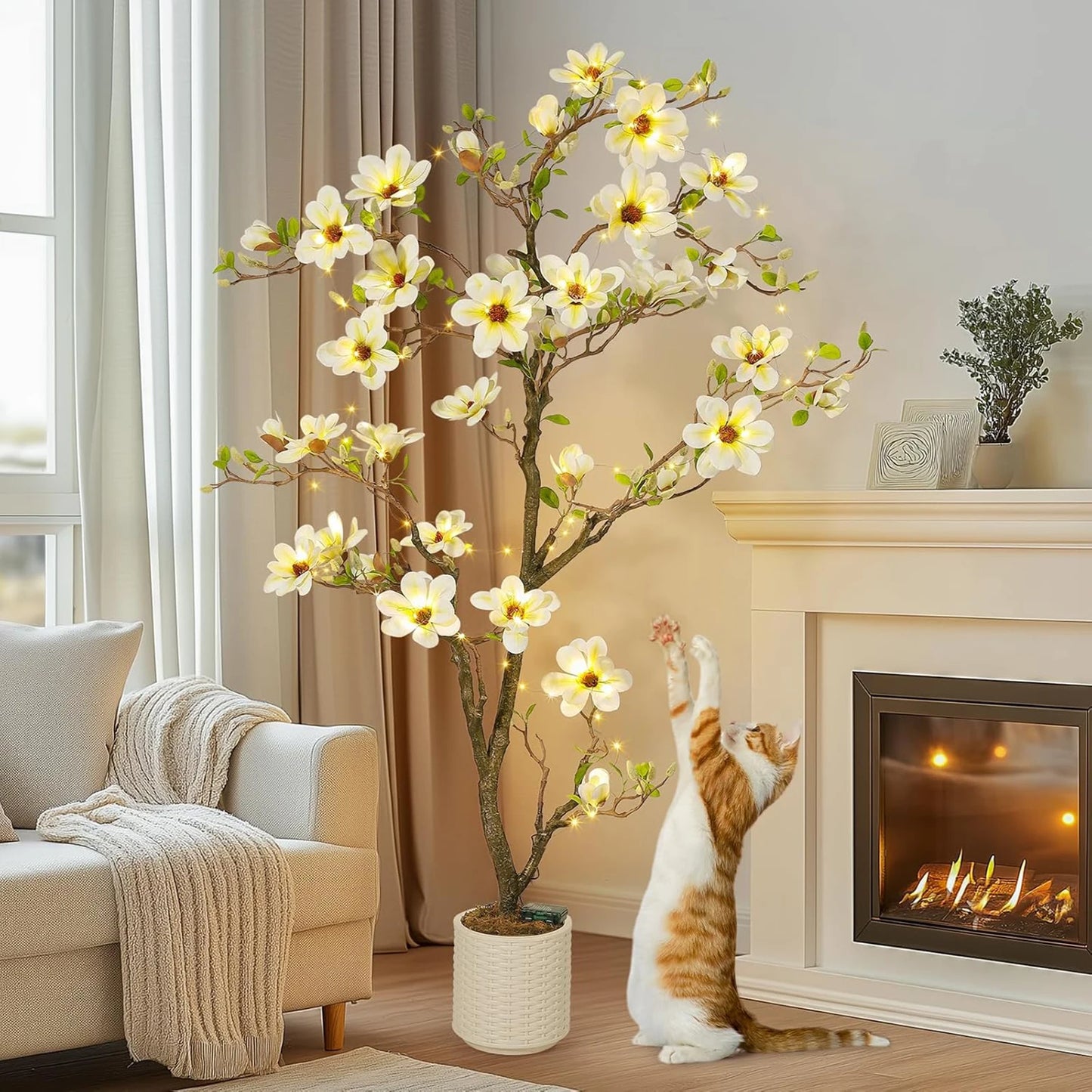 Artificial Magnolia Plant With LED Lights Faux Flower Tree Decor