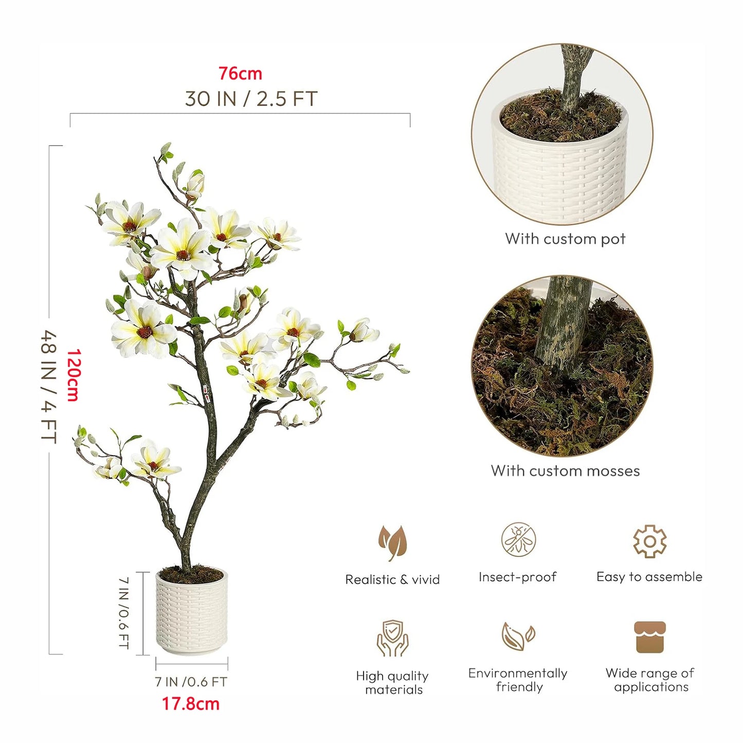 Artificial Magnolia Plant With LED Lights Faux Flower Tree Decor