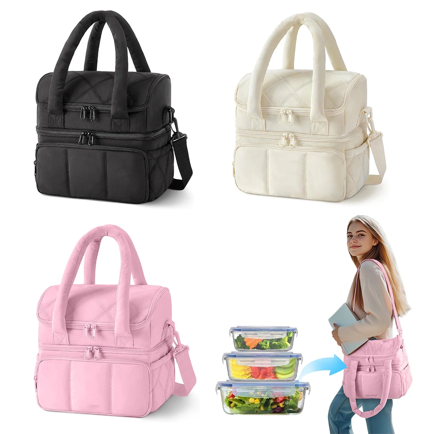 Insulated Two-Tier Lunch Bag With Large Capacity For Work Or Travel