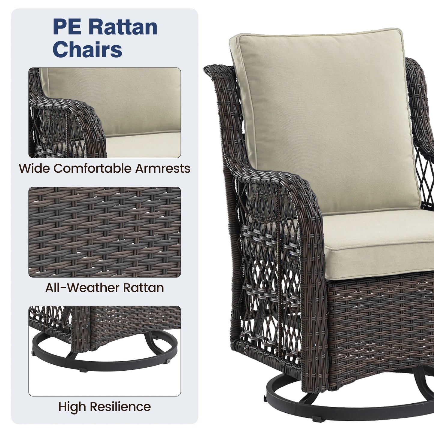 Outdoor Wicker Swivel Chair Set 3 Pieces For Garden Patio