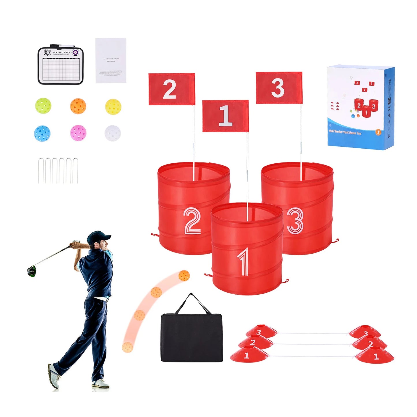 SucceBuy Kids Backyard Golf Game 3 Hole Portable Bucket Course
