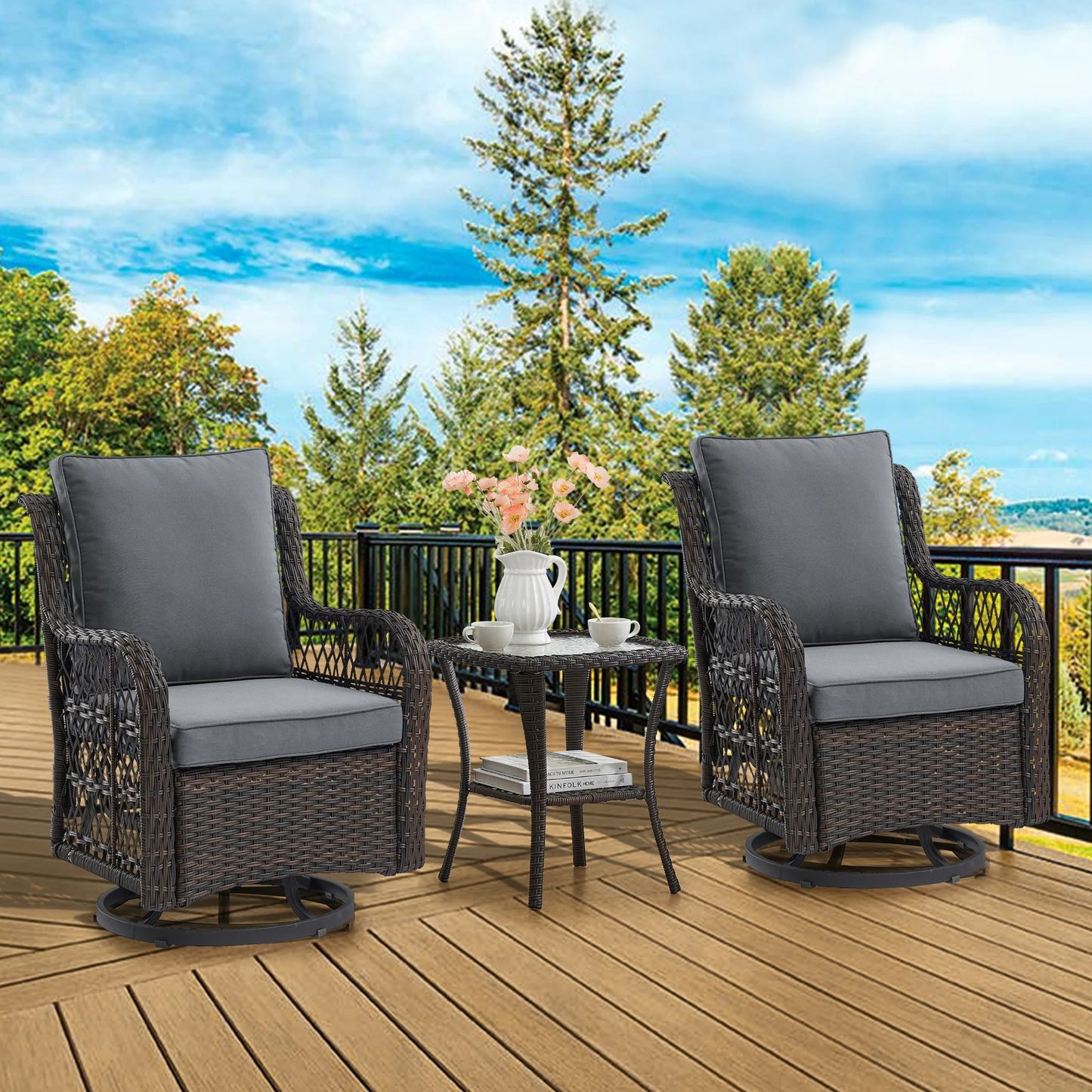 Outdoor Wicker Swivel Chair Set 3 Pieces For Garden Patio