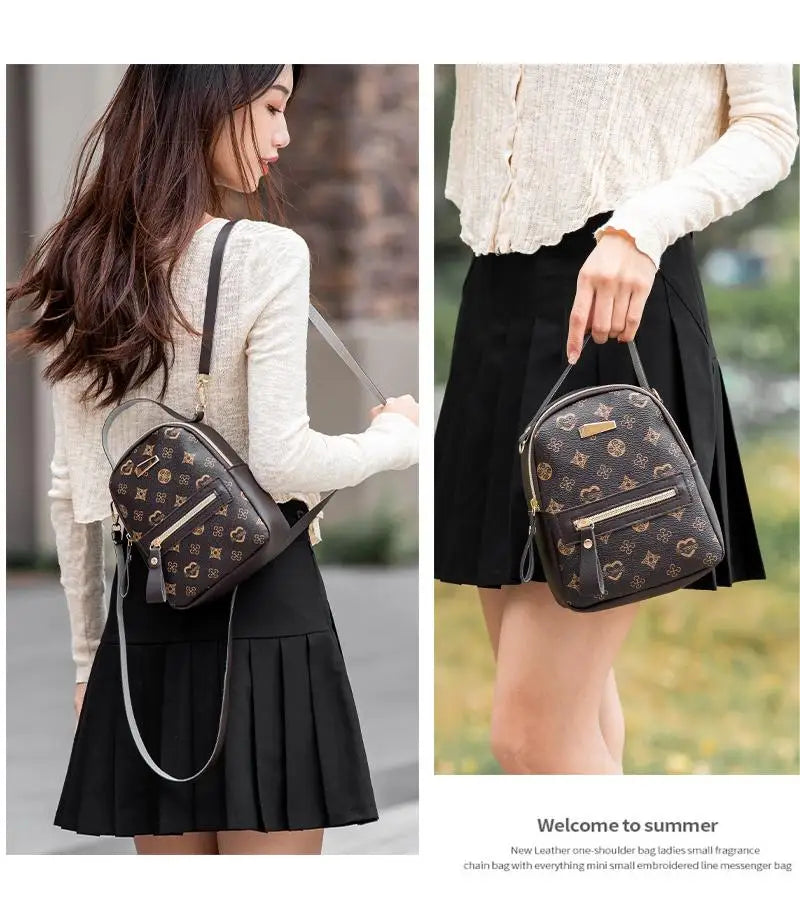 Flower Print Backpack For Women Fashion PU Material School Bag