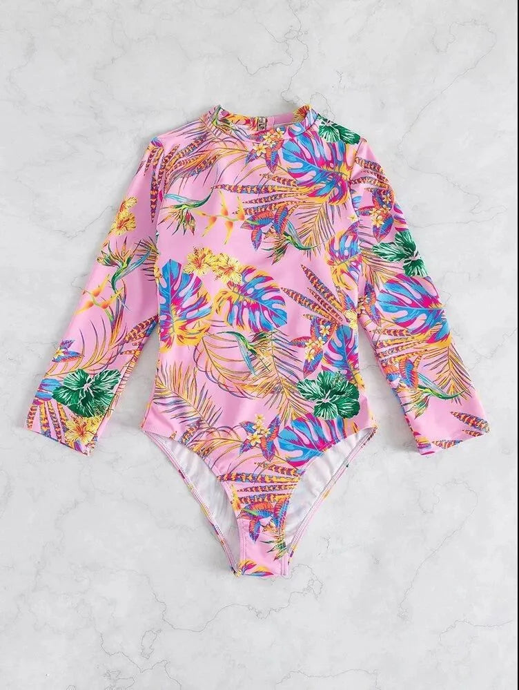 Women's Long Sleeve High Collar Backless One Piece Swimsuit