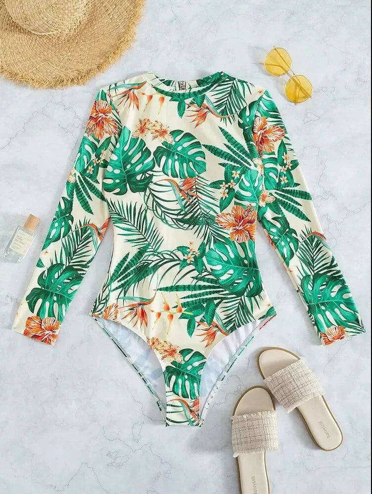 Women's Long Sleeve High Collar Backless One Piece Swimsuit
