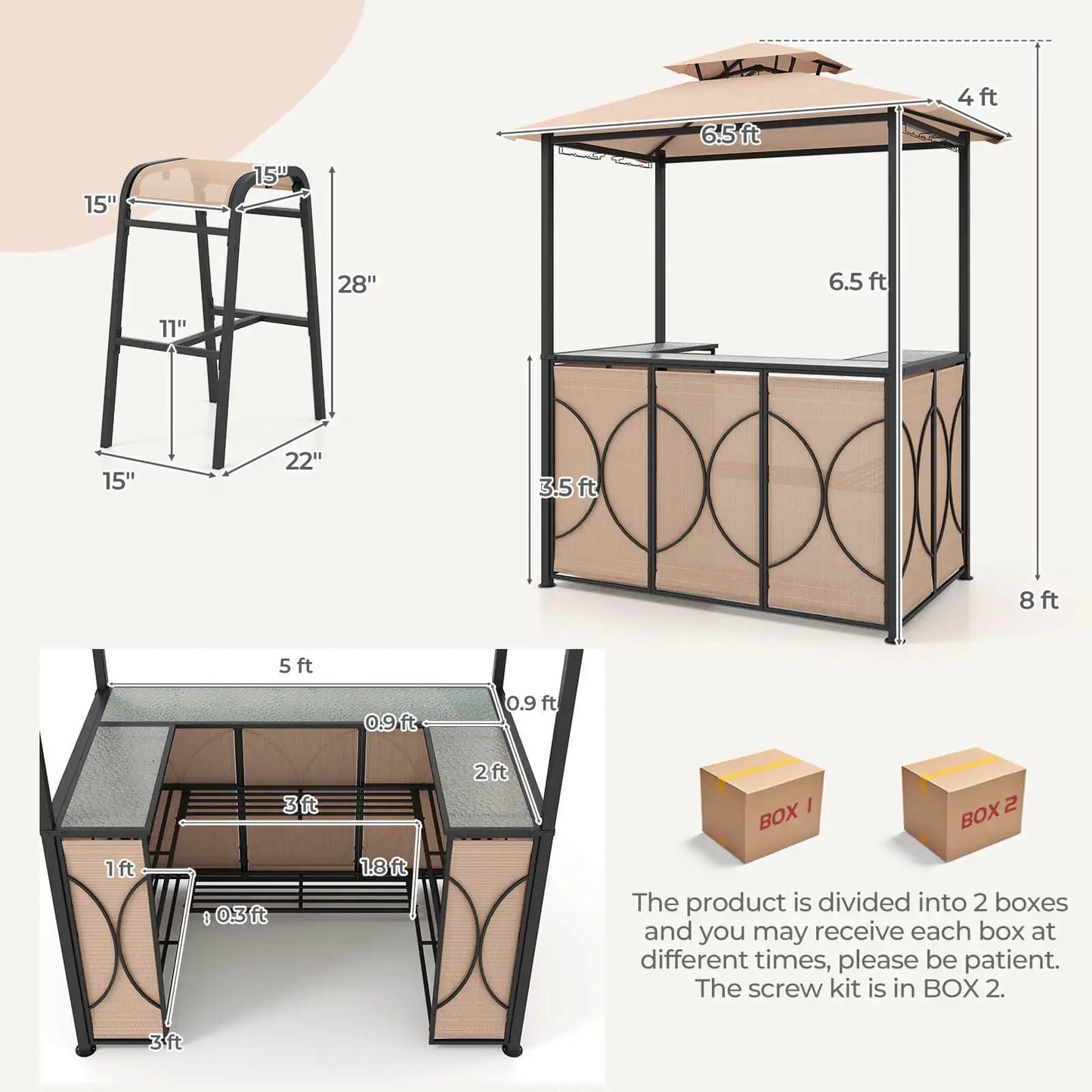 3-Piece Patio Bar Set With Tempered Glass Outdoor Furniture