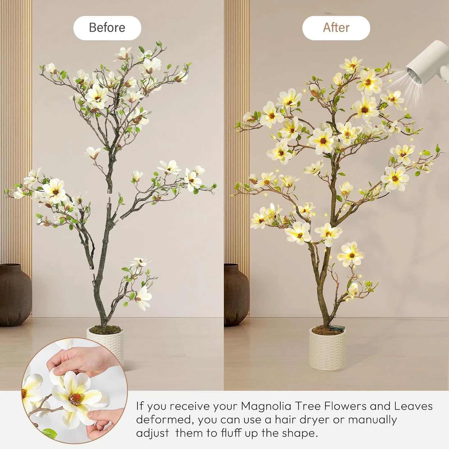 Artificial Magnolia Plant With LED Lights Faux Flower Tree Decor