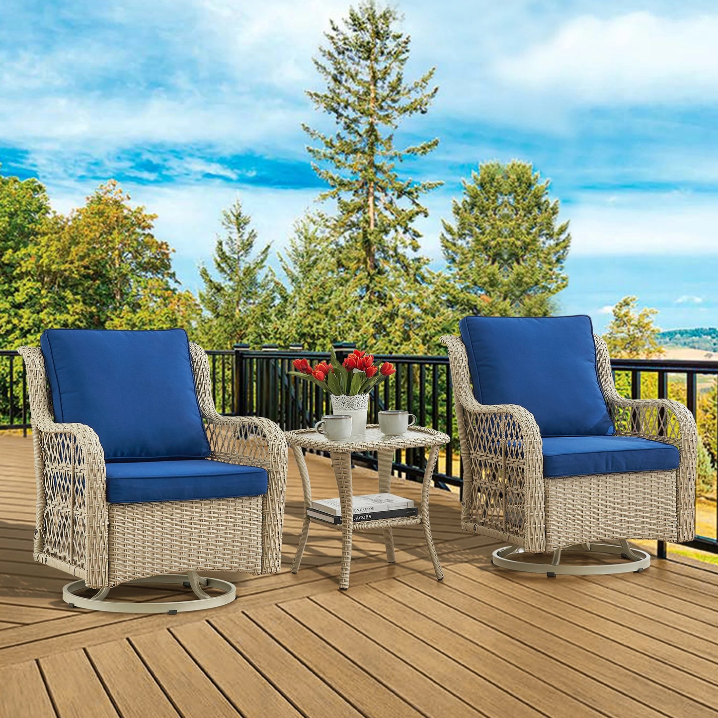 Outdoor Wicker Swivel Chair Set 3 Pieces For Garden Patio