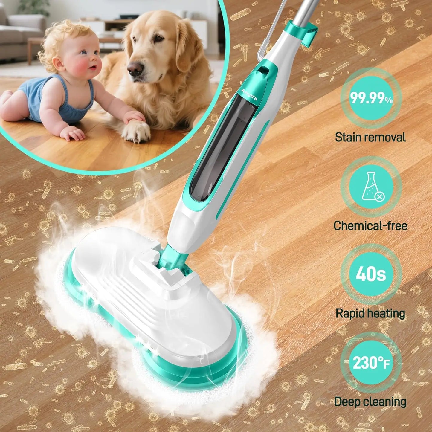 Rotating Steam Mop with LED Lights and Extra Cleaning Pads