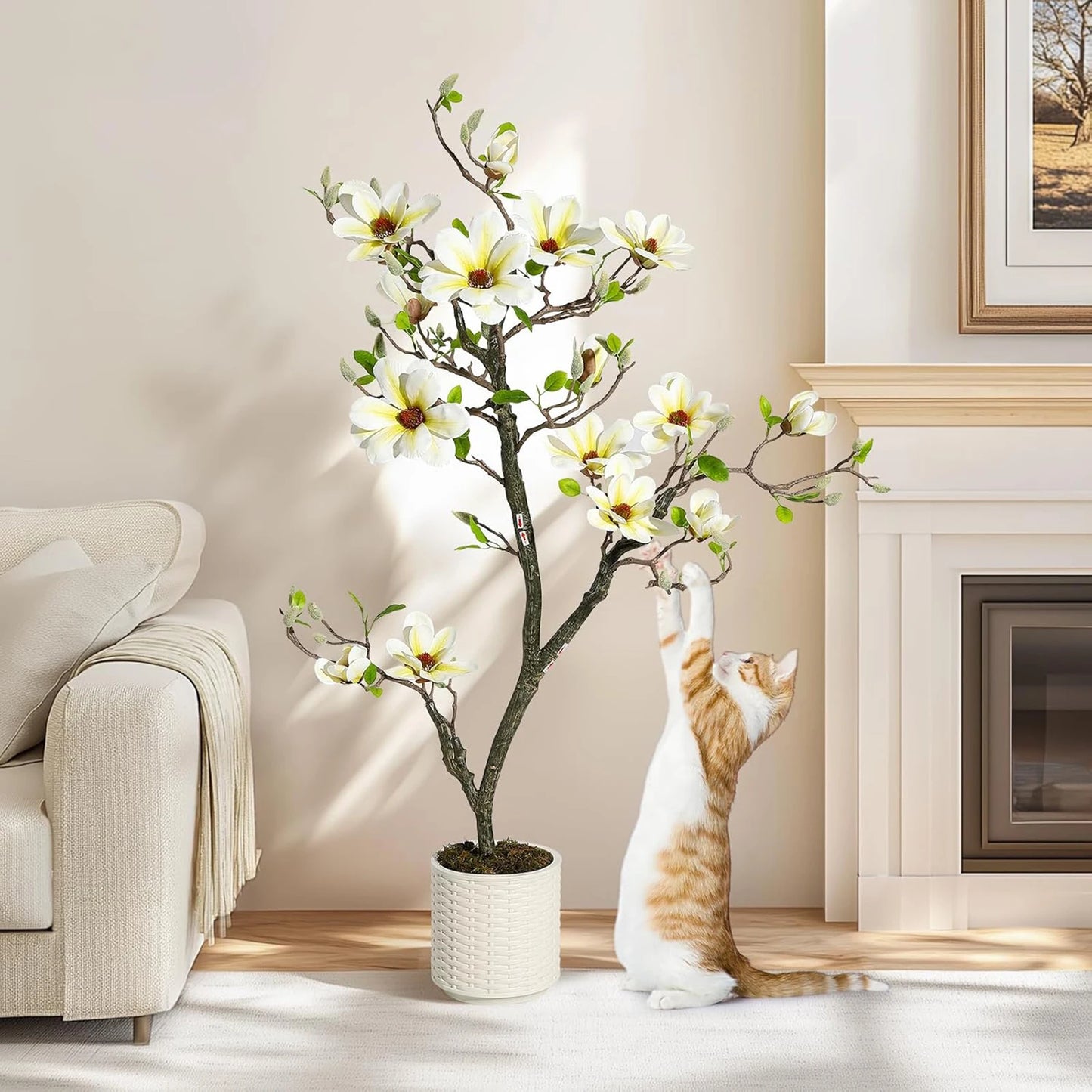 Artificial Magnolia Plant With LED Lights Faux Flower Tree Decor