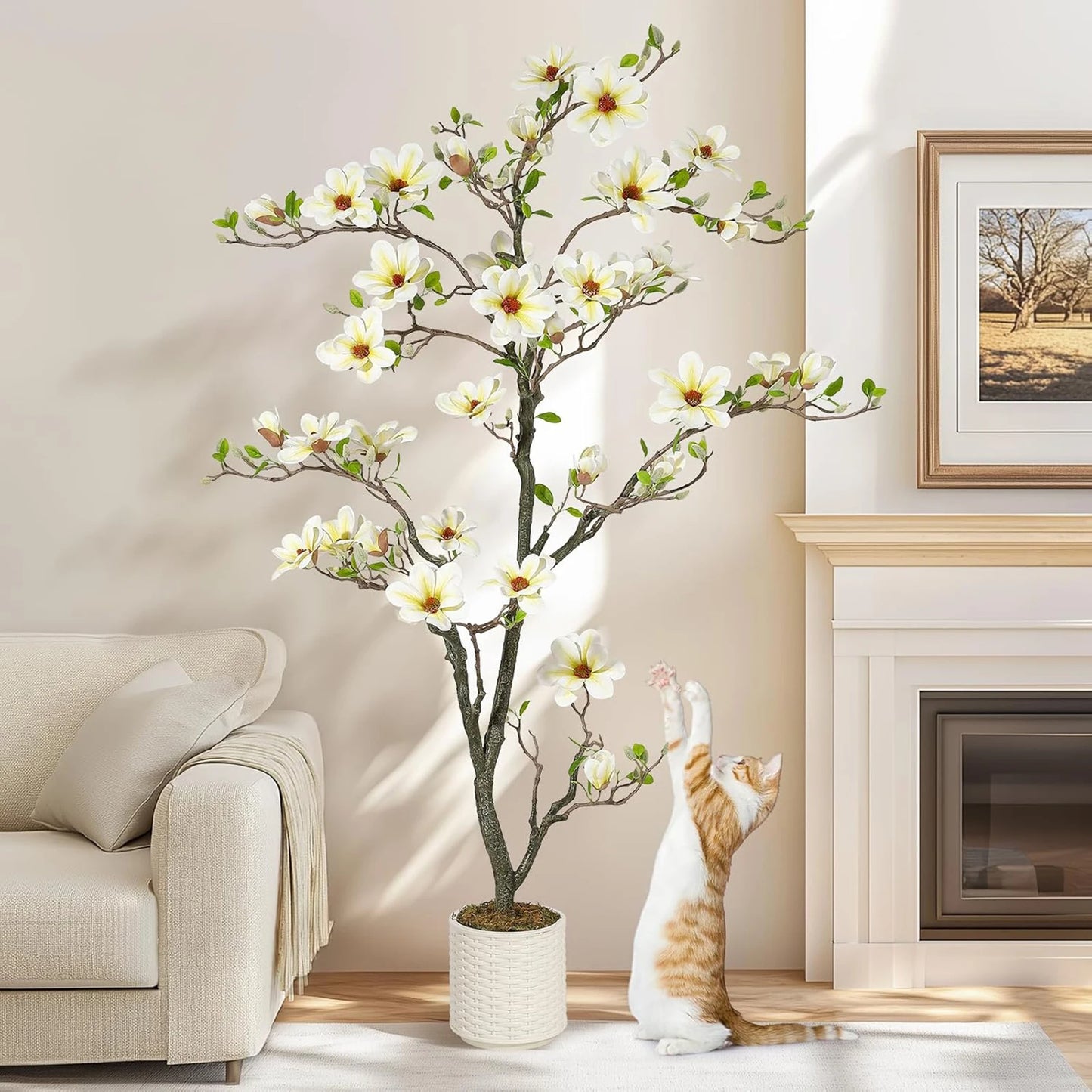 Artificial Magnolia Plant With LED Lights Faux Flower Tree Decor