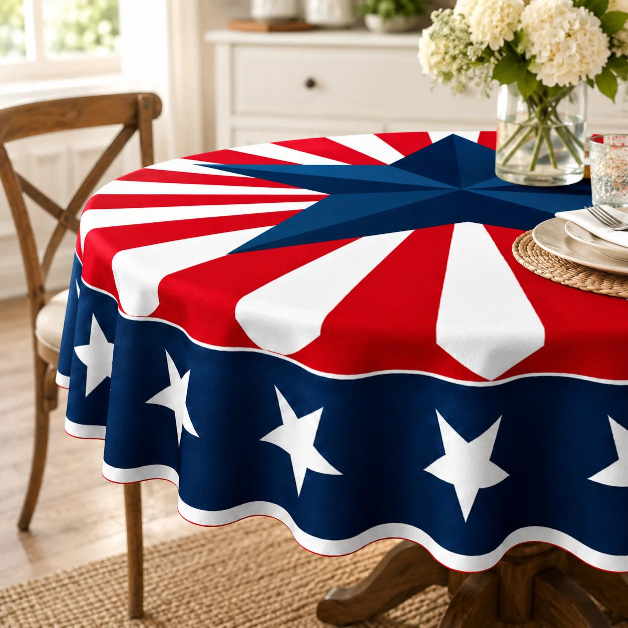 Patriotic Round Tablecloth for Indoor Outdoor Dining