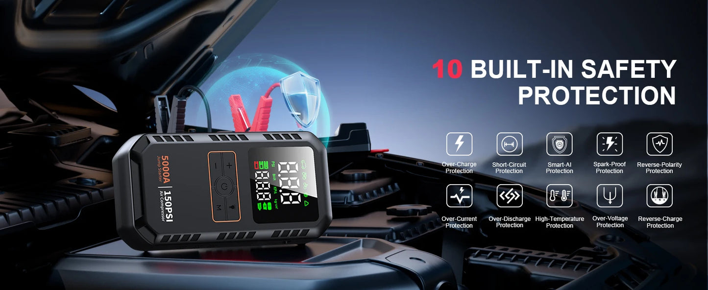 Four In One Car Jump Starter Air Compressor Peak 5000A