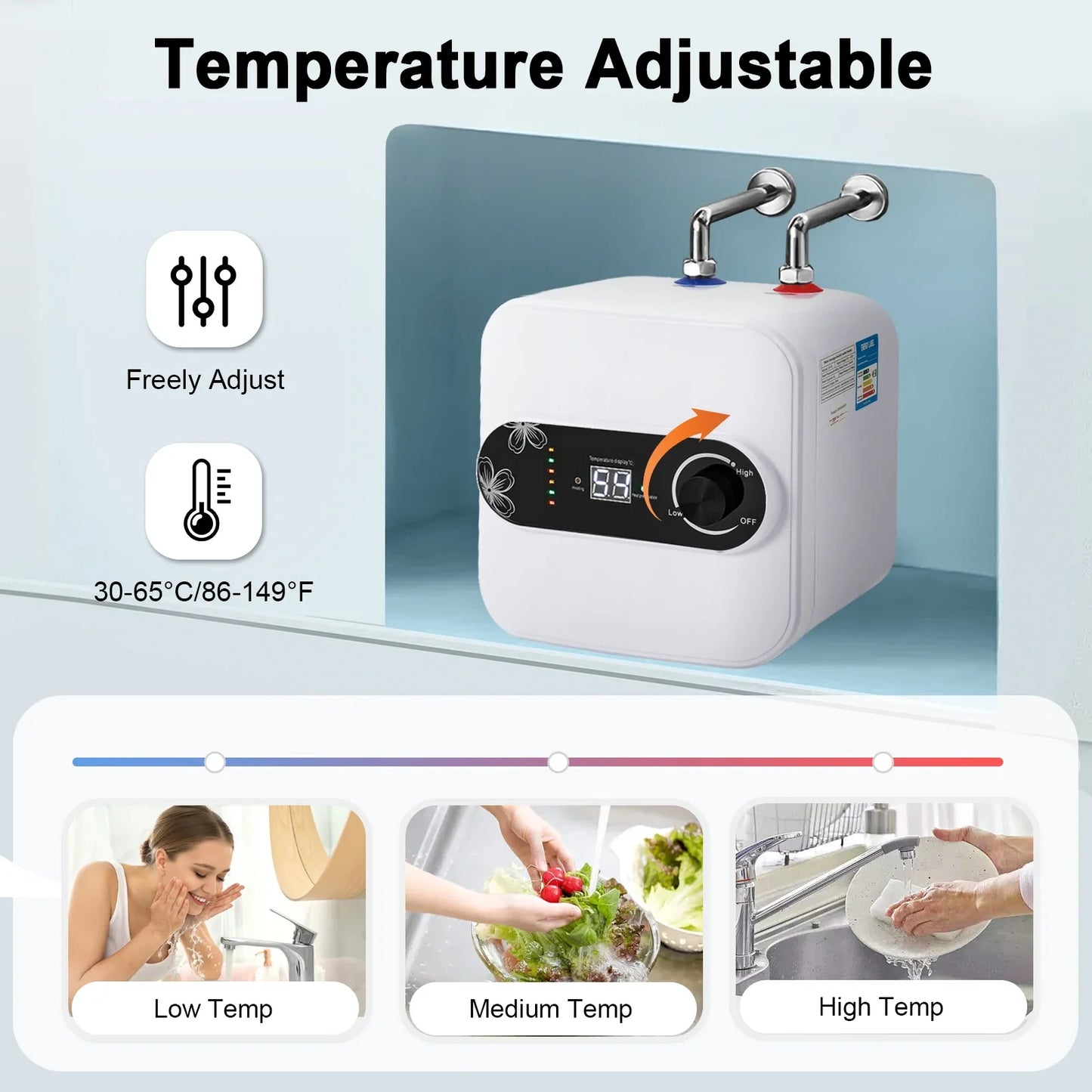 Electric Water Heater 1500W Fast Heating 30-65C Compact