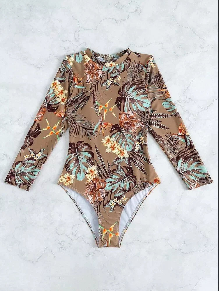 Women's Long Sleeve High Collar Backless One Piece Swimsuit