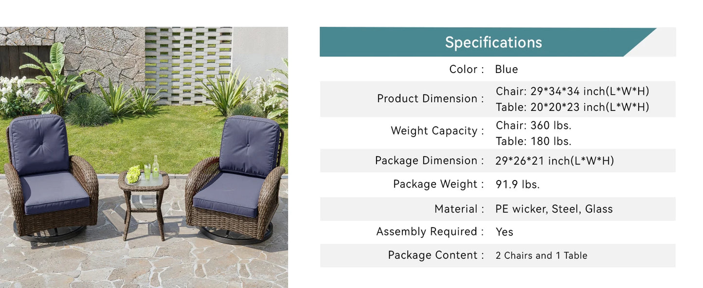 HOOMIC 3-Piece Outdoor Patio Furniture Set Rattan Wicker