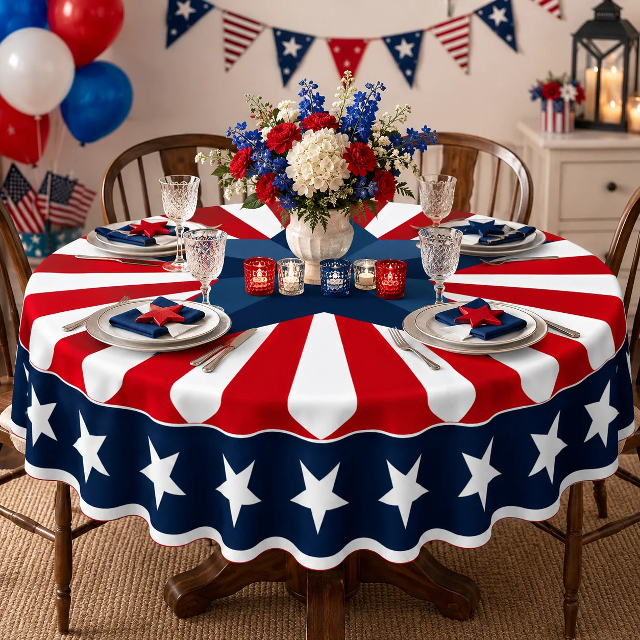 Patriotic Round Tablecloth for Indoor Outdoor Dining