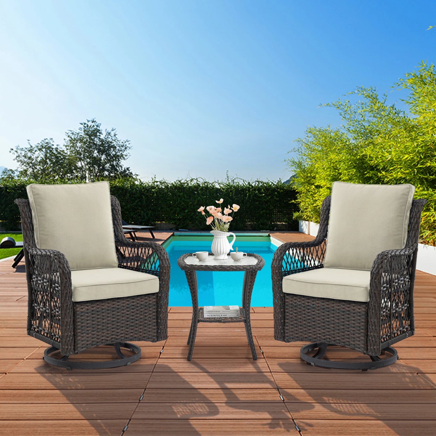 Outdoor Wicker Swivel Chair Set 3 Pieces For Garden Patio