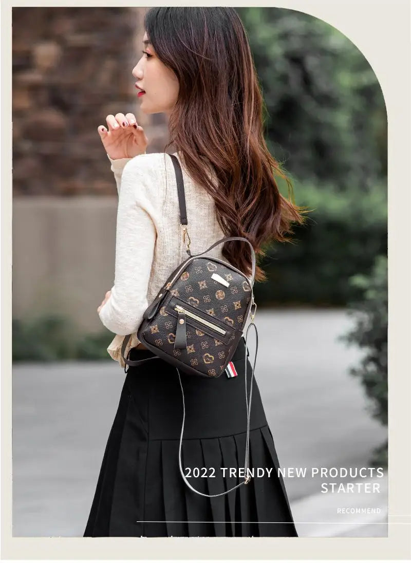 Flower Print Backpack For Women Fashion PU Material School Bag